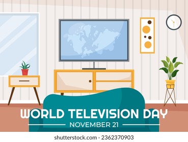 Ilustración vectorial del Día Mundial de la Televisión el 21 de noviembre con TV para banner web o afiche en diseño de fondo de caricatura plana