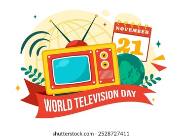 World Television Day Vetor Illustration em 21 de novembro, apresentando TV e conceitos de transmissão global em um plano de fundo de desenhos animados de estilo plano