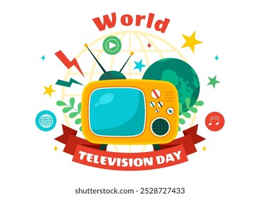 Ilustración vectorial del Día Mundial de la Televisión el 21 de noviembre, con TV y conceptos de transmisión global en un fondo de dibujos animados de estilo plano