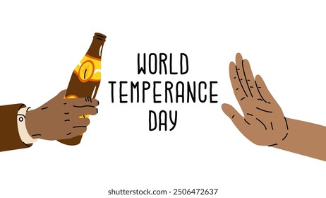 World temperance day banner concept. Alcohol abstinence. Moderate drinking. Healthy lifestyle, social problems. Vector illustration isolated on transparent background.