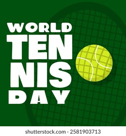 World Tennis Day is celebrated on the first Monday of March. Tennis ball with tennis racket shadow and bold text on dark green background. Sport event banner.