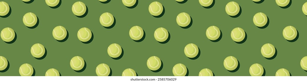 World Tennis Day.Sport seamless pattern design.Tennis ball on green background.Templates for banner,web,social, greeting card.World sports celebration