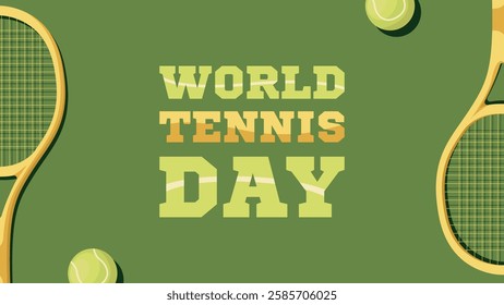 World Tennis Day.Tennis championship or tournament poster design.Rackets and ball isolated on green background.Templates for banner,web,social, greeting card.World sports celebration