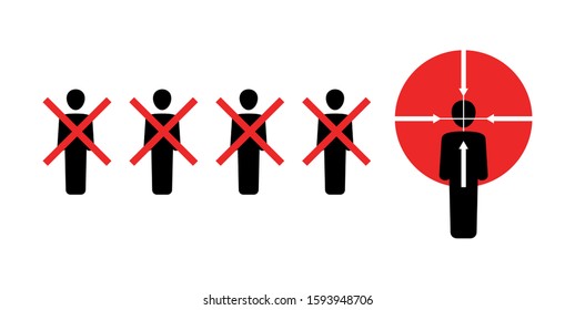 World terrorism danger - extremism, agression and human assassination problems comcept - crossed out people silhouettes (victims) and one person aiming with optical sight - isolated vector concept