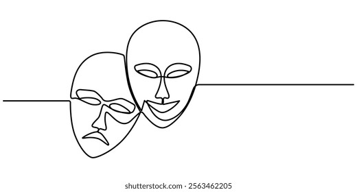 World theater day banner design, with character mask sketch, continuous one line drawing, vector illustration,  Theater mask tragedy and humor one line continuous line art. Character mask sketch. 