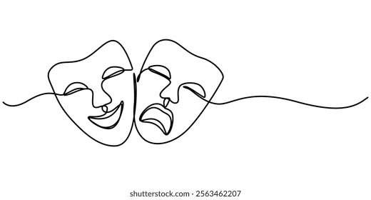 World theater day banner design, with character mask sketch, continuous one line drawing, vector illustration,  Theater mask tragedy and humor one line continuous line art. Character mask sketch. 