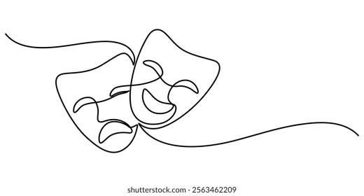 World theater day banner design, with character mask sketch, continuous one line drawing, vector illustration,  Theater mask tragedy and humor one line continuous line art. Character mask sketch. 