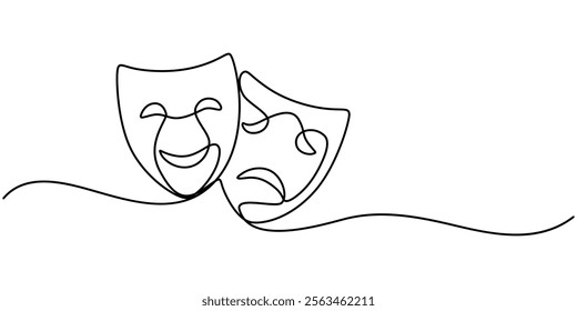 World theater day banner design, with character mask sketch, continuous one line drawing, vector illustration,  Theater mask tragedy and humor one line continuous line art. Character mask sketch. 