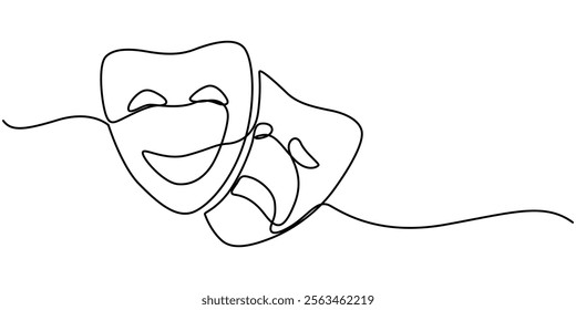 World theater day banner design, with character mask sketch, continuous one line drawing, vector illustration,  Theater mask tragedy and humor one line continuous line art. Character mask sketch. 