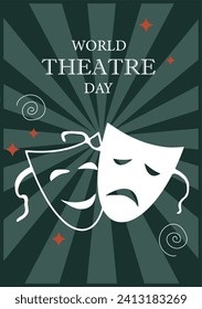 World theater day poster. Booklet and flyer, leaflet. Masks with silhouette. International holiday 23 March. Cultural rest and leisure. Social networks cover. Cartoon flat vector illustration