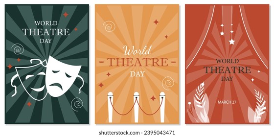 World theater day posters set. Red, yellow and green booklets with masks. Tragedy and comedy. Cultural rest, creativity and art. Cartoon flat vector collection isolated on white background