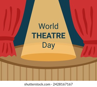 World Theatre Day background. A theater stage with red curtains and a beam of light on it.