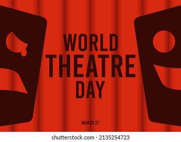 World theatre day design background. March 27. Poster or banner. Flat design vector illustration. Red curtain.