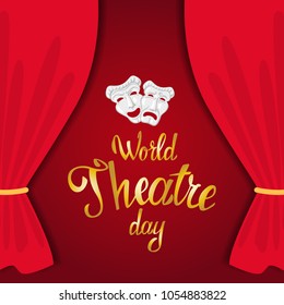 World Theatre Day. Greeting card with red scene and white masks.