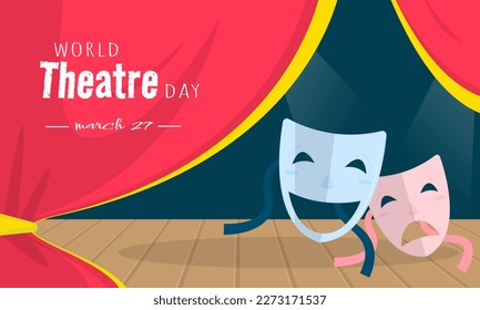 World Theatre Day greeting with two mask on the stage. Suitable for theatre day events