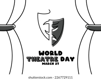 World Theatre Day. March 27. Abstract mask icon. Curtain. Line. Outline. Doodle. Black and white design vector. Poster, banner, card, background. Eps 10.