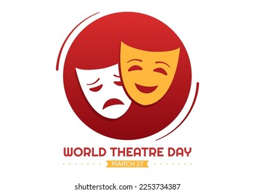 Welttheatertag am 27. März Illustration mit Masken und Festessen Theater für Web-Banner oder Landing-Page in flach kartoon handgezeichnete Vorlagen