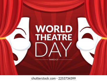 World Theatre Day on March 27 Illustration with Masks and to Celebrate Theater for Web Banner or Landing Page in Flat Cartoon Hand Drawn Templates