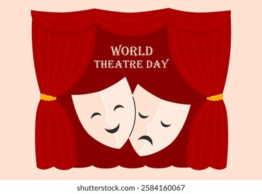 World Theatre Day on March 27. Mask and red curtains. Banner, poster to performing arts and entertainment. Flat Vector illustration