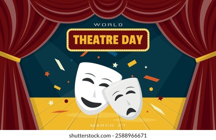 World Theatre Day Poster. A pair of masks on stage