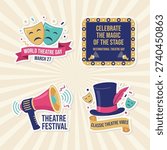 World Theatre Day Sticker Set with Classic Drama Masks Megaphone and Magician Hat