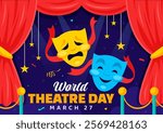 World Theatre Day Vector Illustration featuring Comedy and Tragedy Masks, Red Curtains, and Elements Celebrating Performing Arts and Entertainment