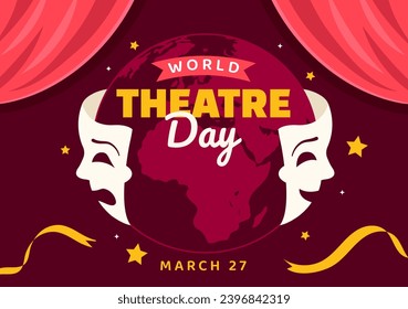 World Theatre Day Vector Illustration on March 27 with Mask and Red Curtains to Preserve Performing Arts and Entertainment in Flat Cartoon Background