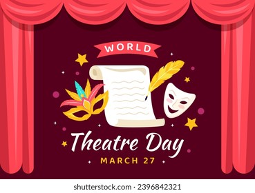 World Theatre Day Vector Illustration on March 27 with Mask and Red Curtains to Preserve Performing Arts and Entertainment in Flat Cartoon Background