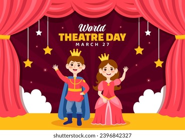 World Theatre Day Vector Illustration on March 27 with Mask and Red Curtains to Preserve Performing Arts and Entertainment in Flat Cartoon Background