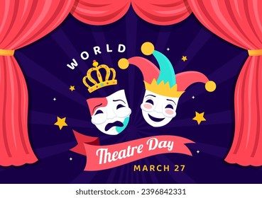 World Theatre Day Vector Illustration on March 27 with Mask and Red Curtains to Preserve Performing Arts and Entertainment in Flat Cartoon Background