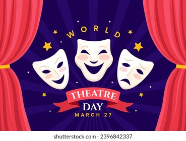 World Theatre Day Vector Illustration on March 27 with Mask and Red Curtains to Preserve Performing Arts and Entertainment in Flat Cartoon Background