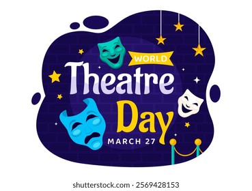 World Theatre Day Vector Illustration featuring Comedy and Tragedy Masks, Red Curtains, and Elements Celebrating Performing Arts and Entertainment