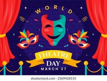 World Theatre Day Vector Illustration featuring Comedy and Tragedy Masks, Red Curtains, and Elements Celebrating Performing Arts and Entertainment