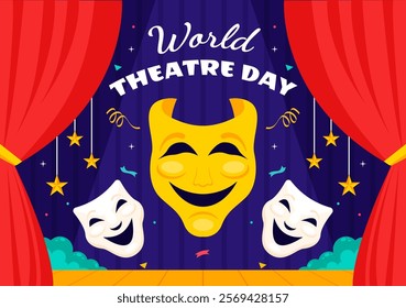 World Theatre Day Vector Illustration featuring Comedy and Tragedy Masks, Red Curtains, and Elements Celebrating Performing Arts and Entertainment