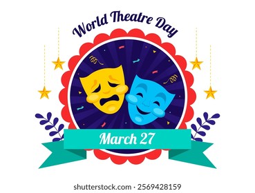 World Theatre Day Vector Illustration featuring Comedy and Tragedy Masks, Red Curtains, and Elements Celebrating Performing Arts and Entertainment