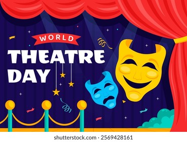 World Theatre Day Vector Illustration featuring Comedy and Tragedy Masks, Red Curtains, and Elements Celebrating Performing Arts and Entertainment