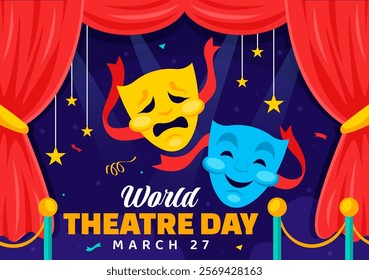 World Theatre Day Vector Illustration featuring Comedy and Tragedy Masks, Red Curtains, and Elements Celebrating Performing Arts and Entertainment