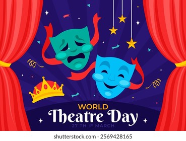 World Theatre Day Vector Illustration featuring Comedy and Tragedy Masks, Red Curtains, and Elements Celebrating Performing Arts and Entertainment