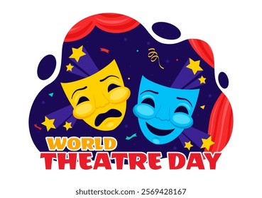 World Theatre Day Vector Illustration featuring Comedy and Tragedy Masks, Red Curtains, and Elements Celebrating Performing Arts and Entertainment