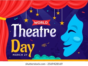 World Theatre Day Vector Illustration featuring Comedy and Tragedy Masks, Red Curtains, and Elements Celebrating Performing Arts and Entertainment