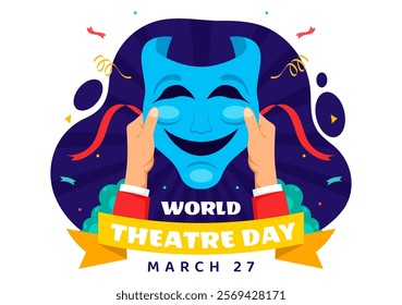 World Theatre Day Vector Illustration featuring Comedy and Tragedy Masks, Red Curtains, and Elements Celebrating Performing Arts and Entertainment