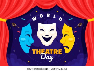 World Theatre Day Vector Illustration featuring Comedy and Tragedy Masks, Red Curtains, and Elements Celebrating Performing Arts and Entertainment