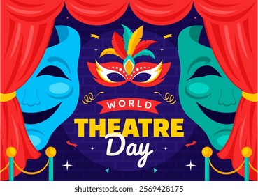 World Theatre Day Vector Illustration featuring Comedy and Tragedy Masks, Red Curtains, and Elements Celebrating Performing Arts and Entertainment