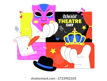 World Theatre Day Vector Illustration Featuring Comedy And Tragedy Masks, Red Curtains, Plus Elements Celebrating Performing Arts And Entertainment