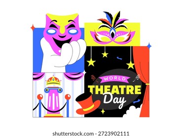Ilustração Vetorial Do Dia Mundial Do Teatro Com Máscaras De Comédia E Tragédia, Cortinas Vermelhas, Além De Elementos Que Celebram As Artes Cênicas E O Entretenimento