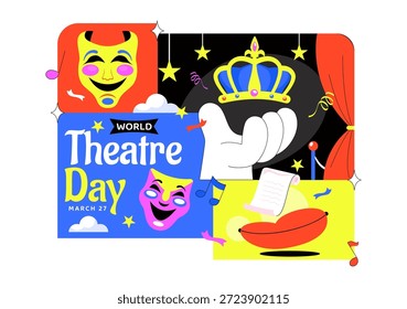 Ilustração Vetorial Do Dia Mundial Do Teatro Com Máscaras De Comédia E Tragédia, Cortinas Vermelhas, Além De Elementos Que Celebram As Artes Cênicas E O Entretenimento