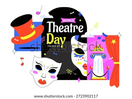 World Theatre Day Vector Illustration Featuring Comedy And Tragedy Masks, Red Curtains, Plus Elements Celebrating Performing Arts And Entertainment