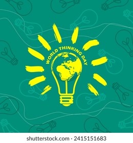 World Thinking Day event banner. Glowing globe and light bulb with bold text on turquoise background to commemorate on February 22