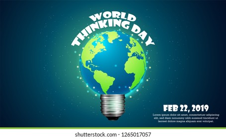 World Thinking Day Feb 22, 2019.
International Thinking Day concept of a bulb globe with particles and text.