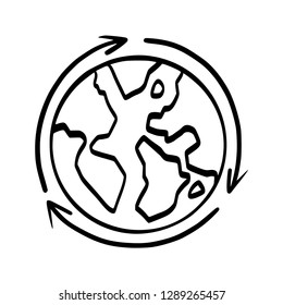 Mundo con tres flechas en círculo en mano Dibujo aislado en fondo blanco.